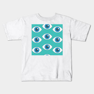 blue eyes on teal background Kids T-Shirt